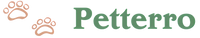 Logo of Petterro with paw prints on a white background