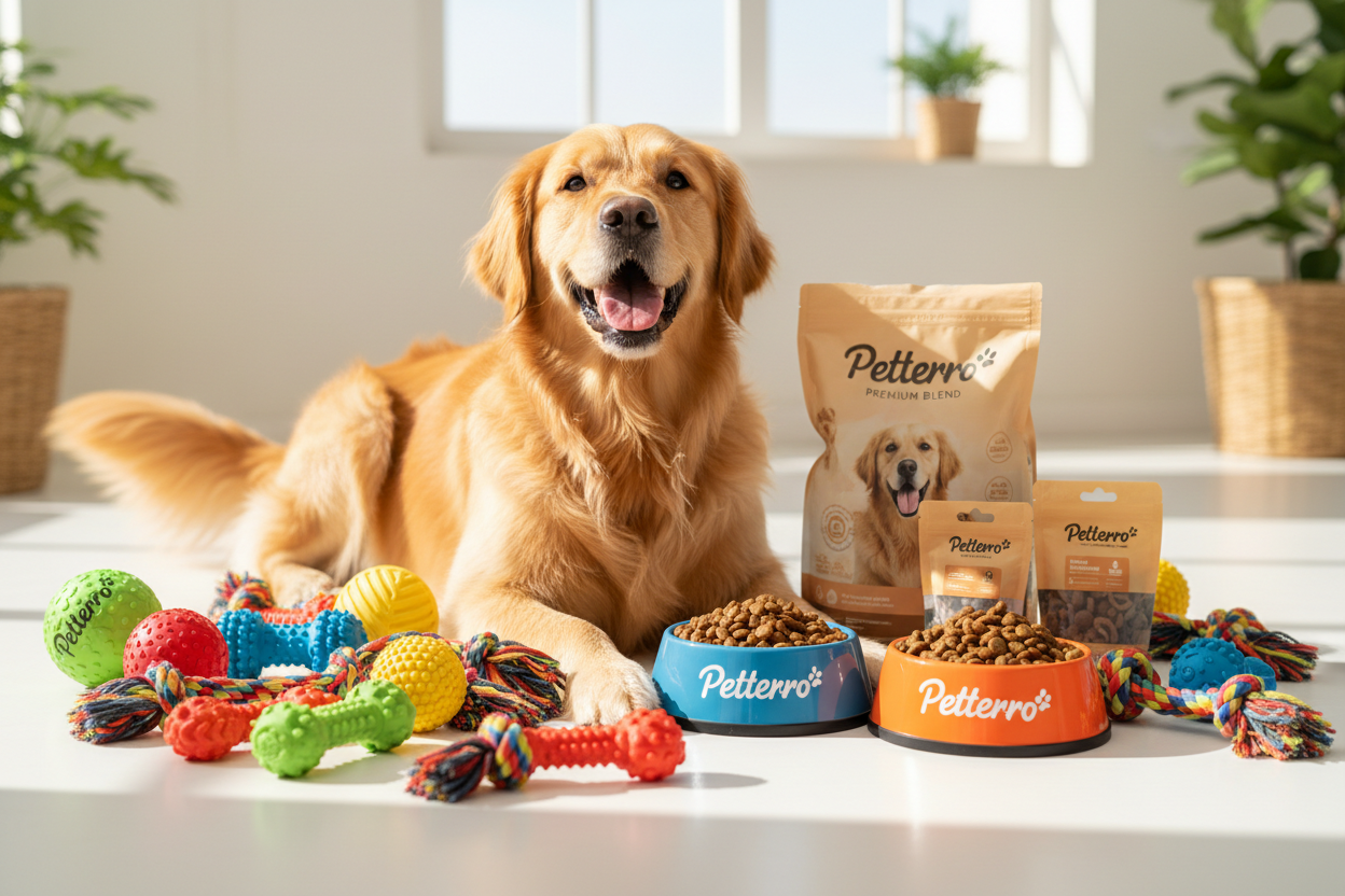 dog with dog toys and food brand name Petterro